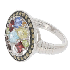 Marquise multiple color Topaz sterling silver ring with garnet accent, showcasing a vibrant gemstone arrangement.