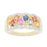 Colorful sapphire sterling silver ring with multiple gemstones and diamond accents for luxury style.