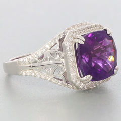 Emerald cut purple amethyst sterling silver ring with sparkling accents for elegant style.