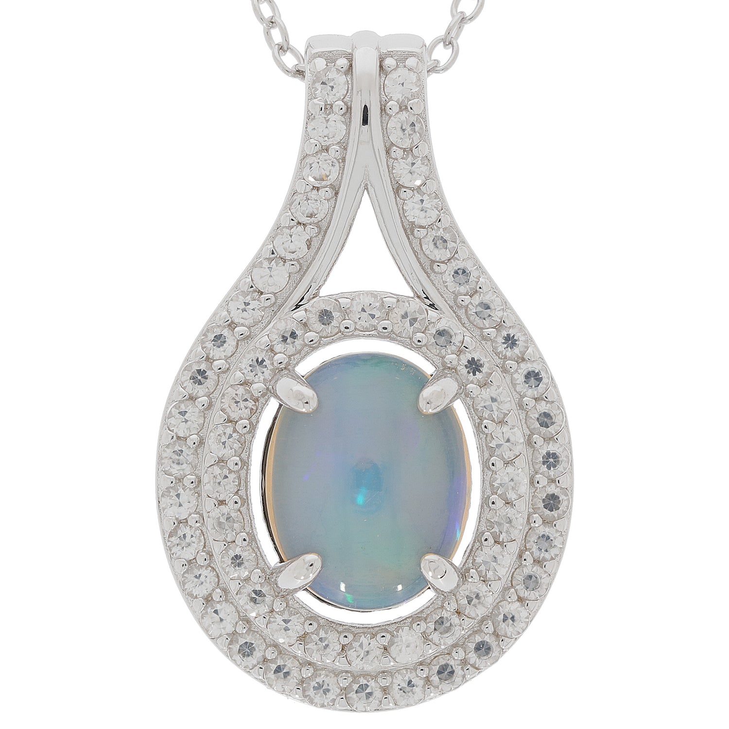 Elegant oval white opal sterling silver pendant set with sparkling accent gemstones, perfect for sophisticated style.
