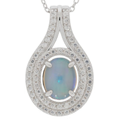 Elegant oval white opal sterling silver pendant set with sparkling accent gemstones, perfect for sophisticated style.
