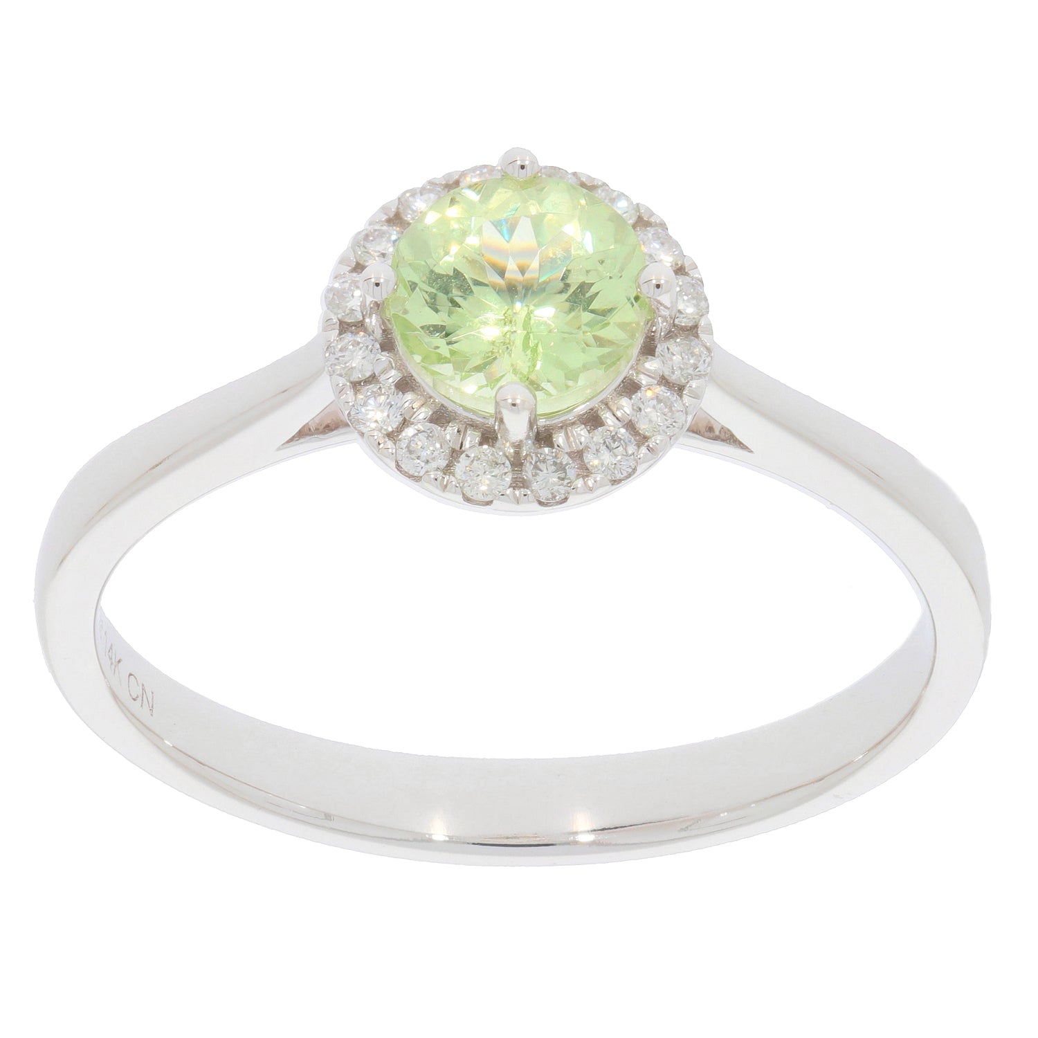 Green Peridot Sterling Silver Ring with Moissanite accents, showcasing a round cut gemstone in an elegant design.