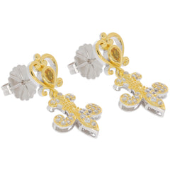 Yellow sapphire sterling silver earrings with diamond accents, featuring an elegant scroll design and sparkling details.