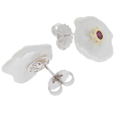 Elegant purple garnet sterling silver earrings with pearl accents, showcasing a luxurious and sophisticated design.