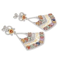 Oval multiple color sapphire earrings in sterling silver, featuring a sparkling design and elegant accents.