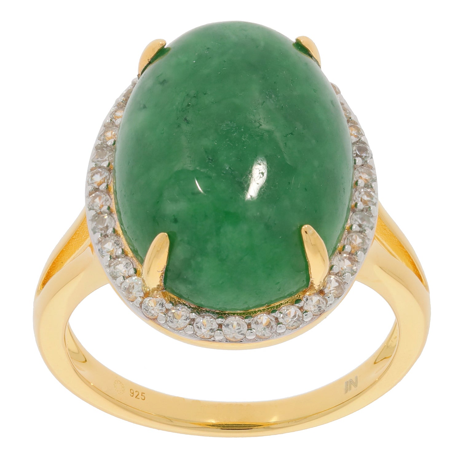 Oval green jadeite ring with gold accents and sparkling gems, perfect for elegant jewelry collections.