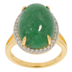 Oval green jadeite ring with gold accents and sparkling gems, perfect for elegant jewelry collections.