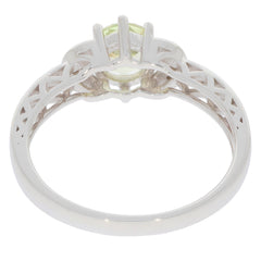 View of the back of a Green Peridot 14K White Gold Ring showcasing intricate design and diamond accents.
