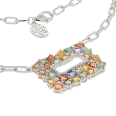 Oval multiple color sapphire sterling silver necklace with sparkling gemstones and elegant design.