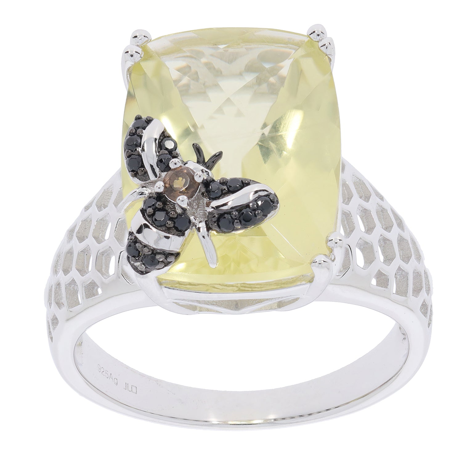 Cushion Yellow Lemon Quartz Sterling Silver Ring with Bee Accent, elegant gemstone jewelry, luxury accessory.