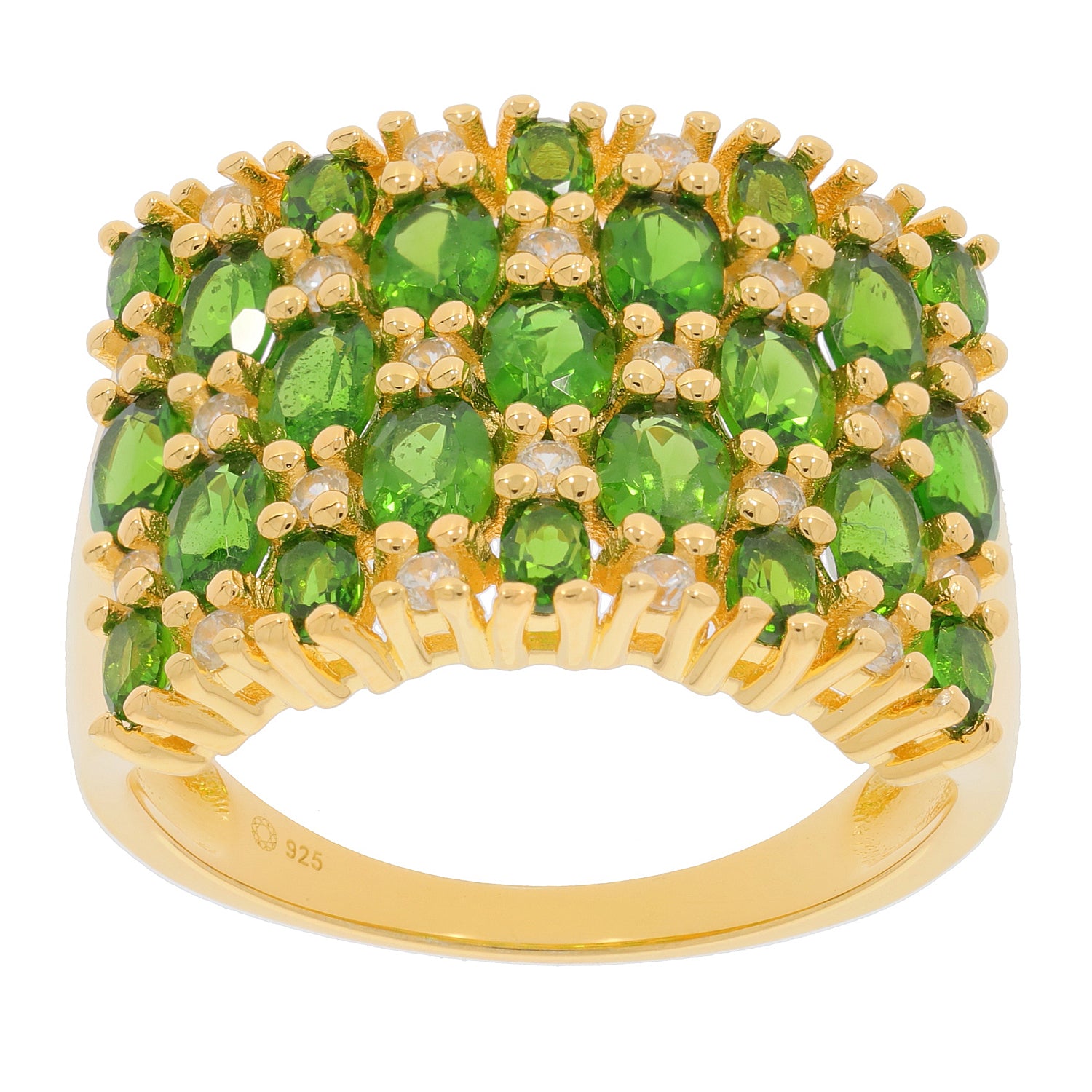 Green Chrome Diopside Sterling Silver Ring showcasing lush green gemstones in an elegant design.