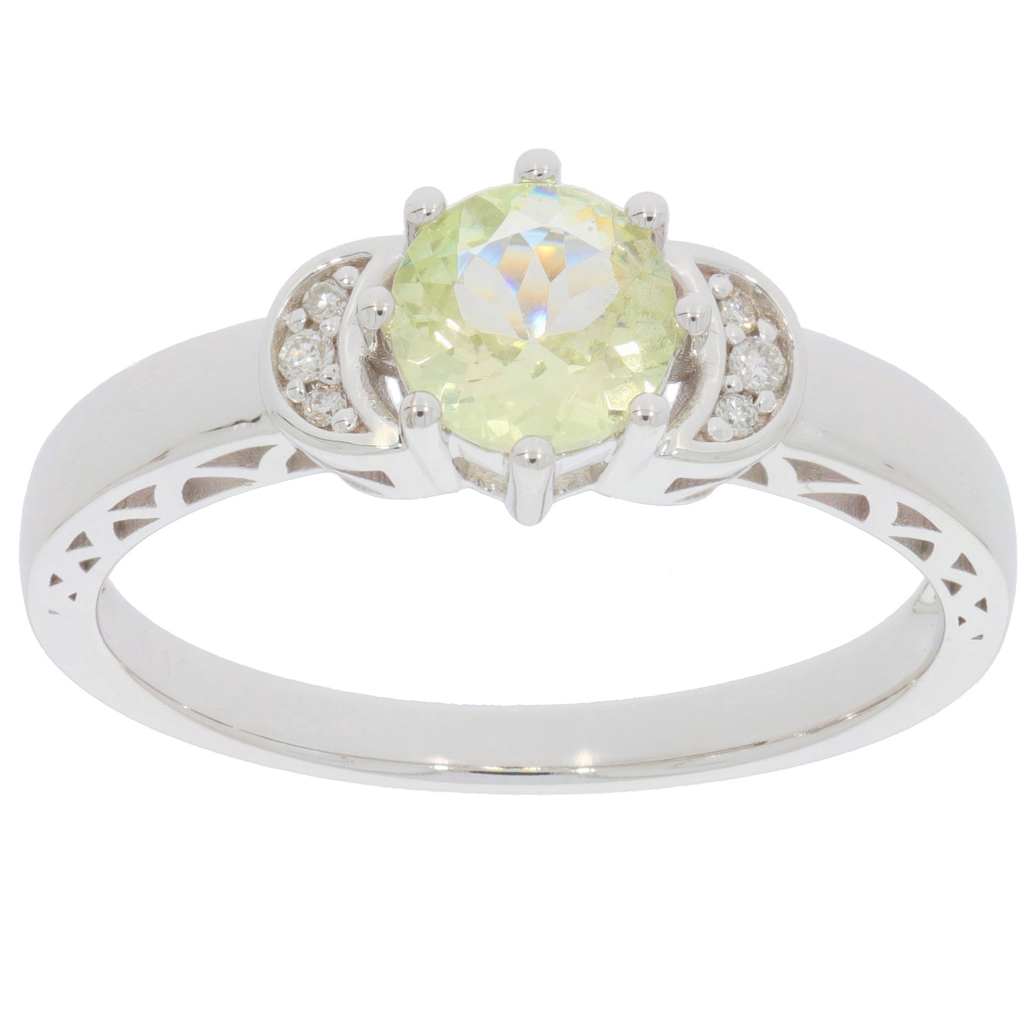 Green Peridot 14K White Gold Ring featuring Diamond accents, elegantly designed for sophisticated style.
