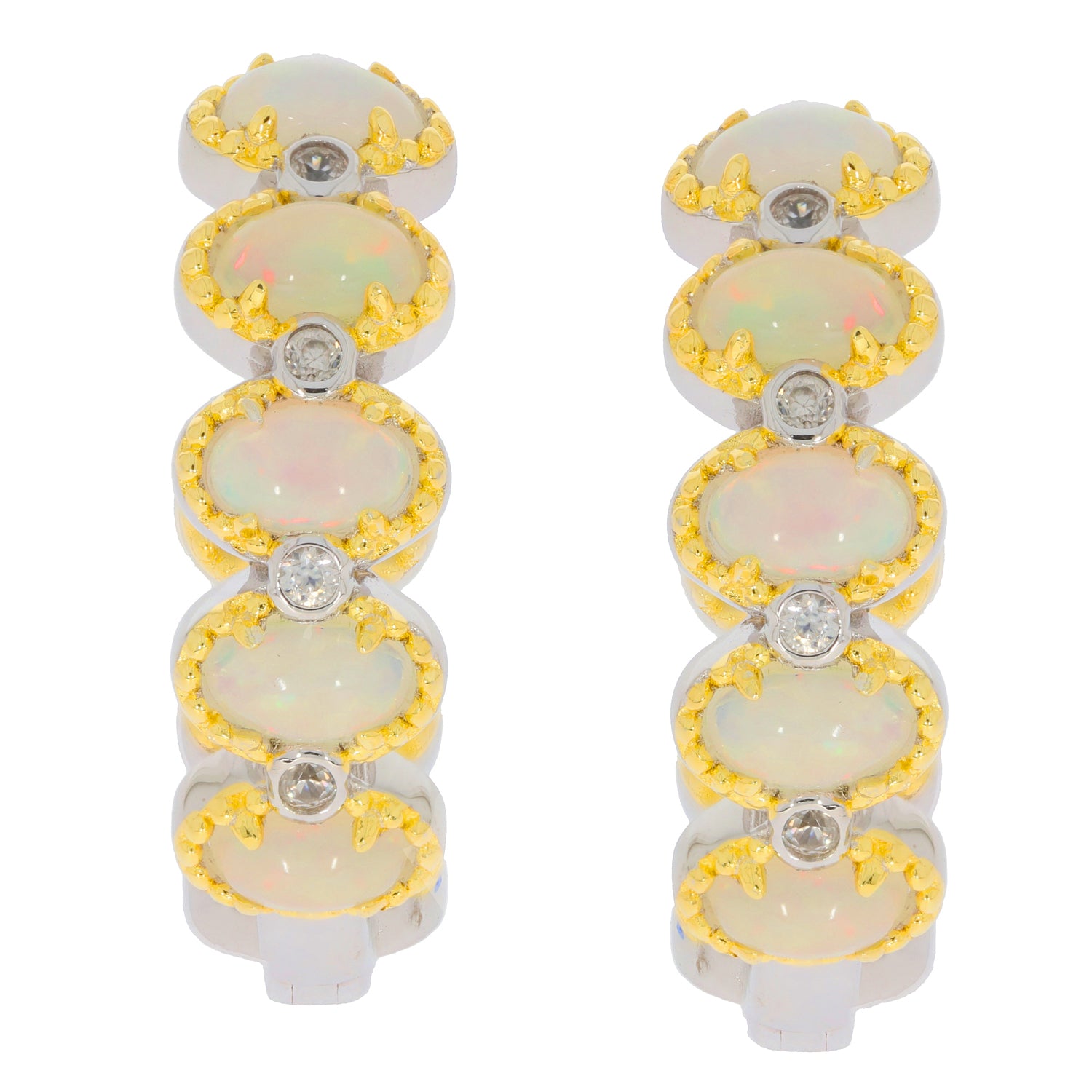 Elegant gold and opal earrings featuring intricate design, perfect for adding a touch of luxury to any outfit.