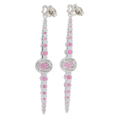 Stylish silver earrings with pink accents and logo, perfect for adding a pop of color to any outfit.