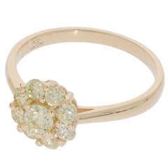 14K yellow gold ring featuring a cluster of round green diamonds, showcasing elegance and luxury in jewelry design.