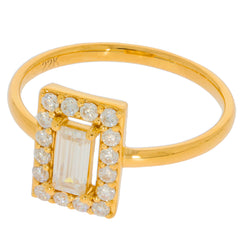 22K gold ring featuring an emerald-cut diamond center stone surrounded by sparkling white diamonds.