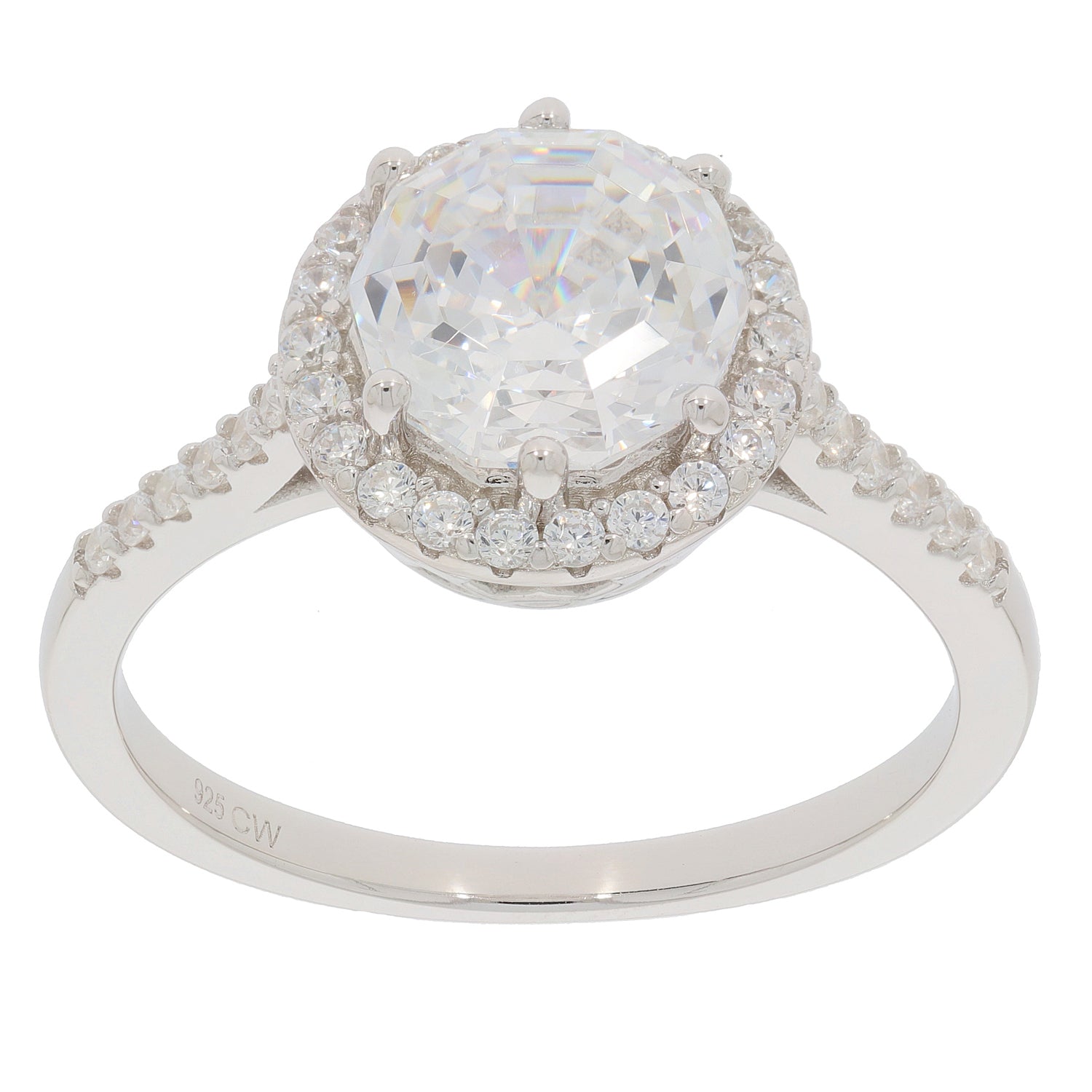 Round white Moissanite sterling silver ring with accent stones, radiating elegance and luxury.