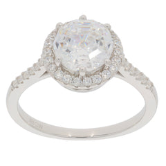 Round white Moissanite sterling silver ring with accent stones, radiating elegance and luxury.