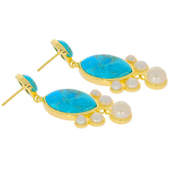 Cushion Blue Turquoise Sterling Silver Earrings with pearl accents, elegant jewelry piece for sophisticated style.