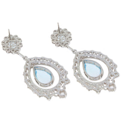 Pear blue topaz sterling silver earrings with intricate lace design and sparkling gemstones.