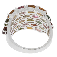 Elegant sterling silver ring featuring multiple color tourmaline gemstones, showcasing intricate design and timeless beauty.