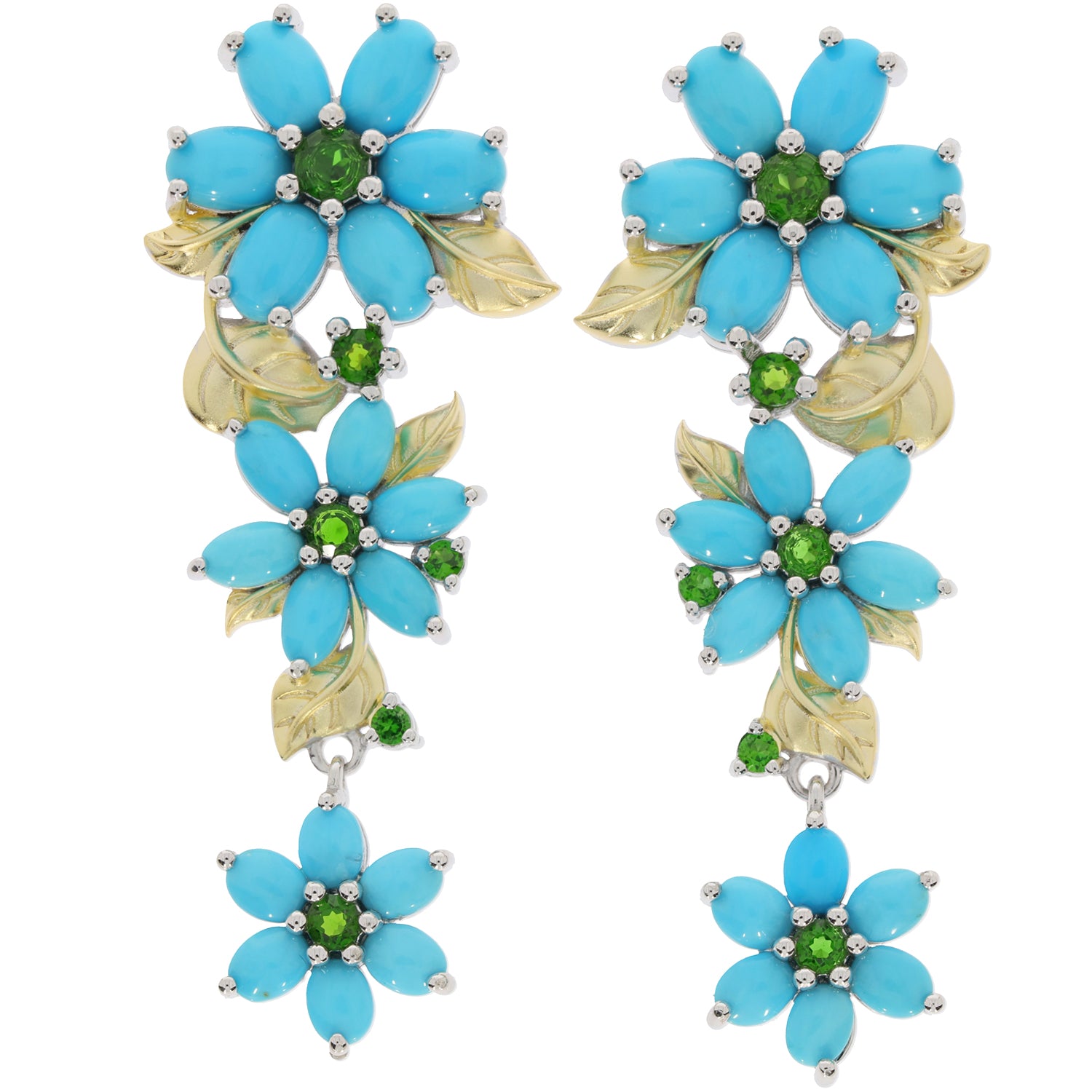 Elegant blue turquoise flower earrings with green accents, crafted in sterling silver, perfect for adding sophistication to any outfit.
