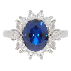 Oval blue sapphire sterling silver ring with dazzling diamond accents, perfect for luxury and elegance.