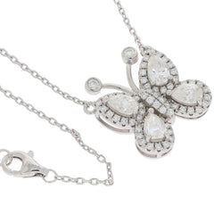 Butterfly pendant necklace featuring pear-shaped Moissanite gemstones and sparkling accents on a sterling silver chain.
