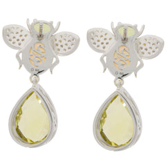 Sterling silver earrings with bee design and pear-shaped lemon quartz gems, stylish and elegant.