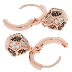 Stylish black diamond sterling silver earrings with diamond accents set in rose gold, showcasing elegant geometric design.
