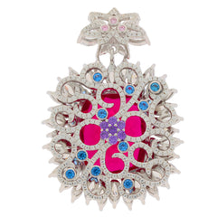 Cushion red ruby sterling silver pendant with blue and pink accents, showcasing elegance and luxury in jewelry design.