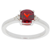 Cushion red garnet sterling silver ring with moissanite accent, showcasing elegance and luxury.