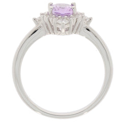 Oval purple amethyst sterling silver ring with Moissanite accent, showcasing elegant design and luxury craftsmanship.