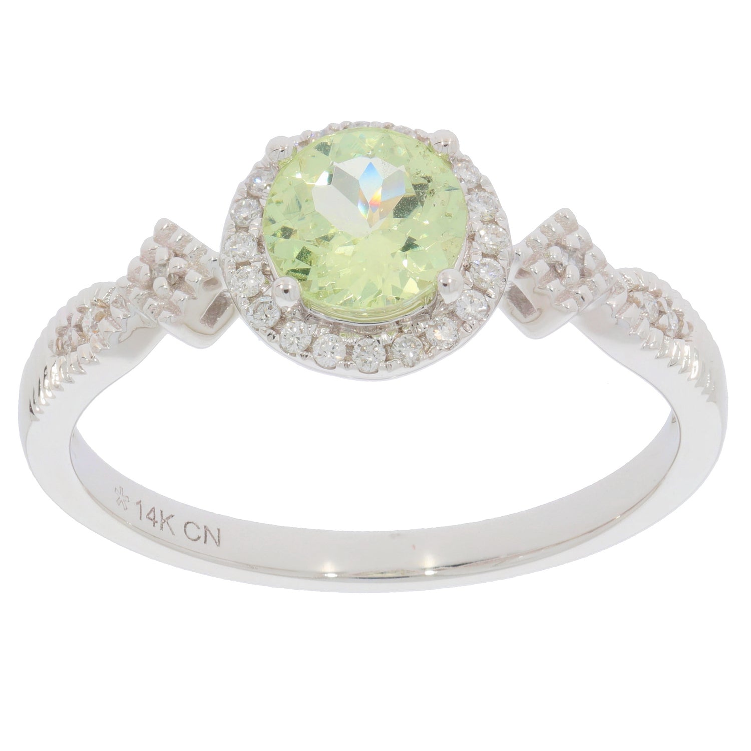 Green Peridot 14K White Gold Ring with Diamond Accent, featuring a round gemstone and intricate band design.