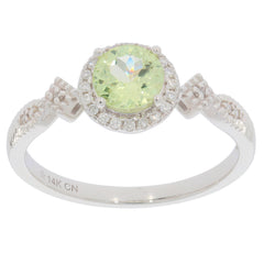 Green Peridot 14K White Gold Ring with Diamond Accent, featuring a round gemstone and intricate band design.