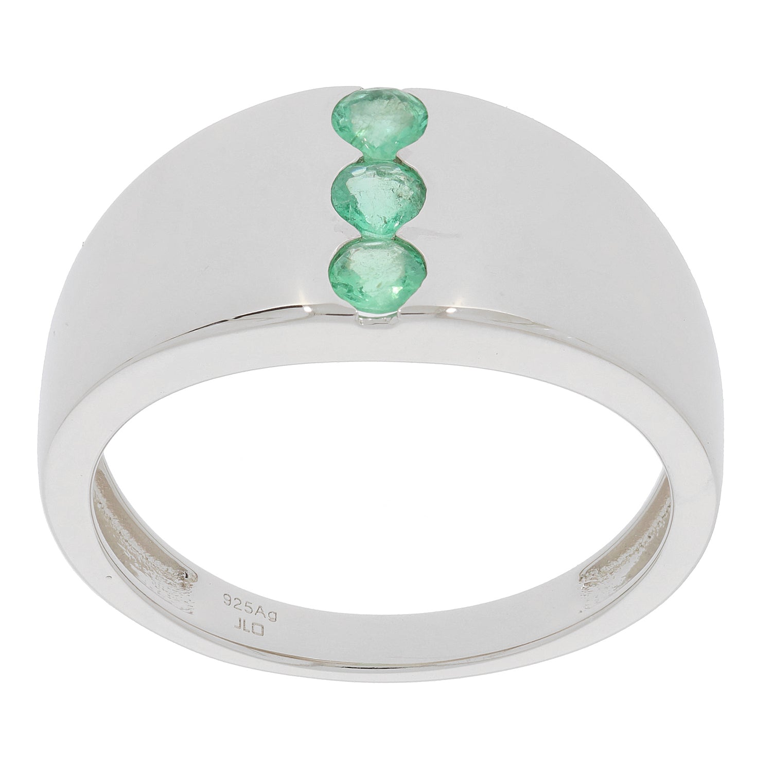 Round green emerald sterling silver ring featuring three accent gemstones for an elegant look.