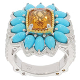 14x10 yellow citrine sterling silver ring with turquoise accents, elegant gemstone jewelry for sophisticated style.
