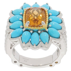 14x10 yellow citrine sterling silver ring with turquoise accents, elegant gemstone jewelry for sophisticated style.
