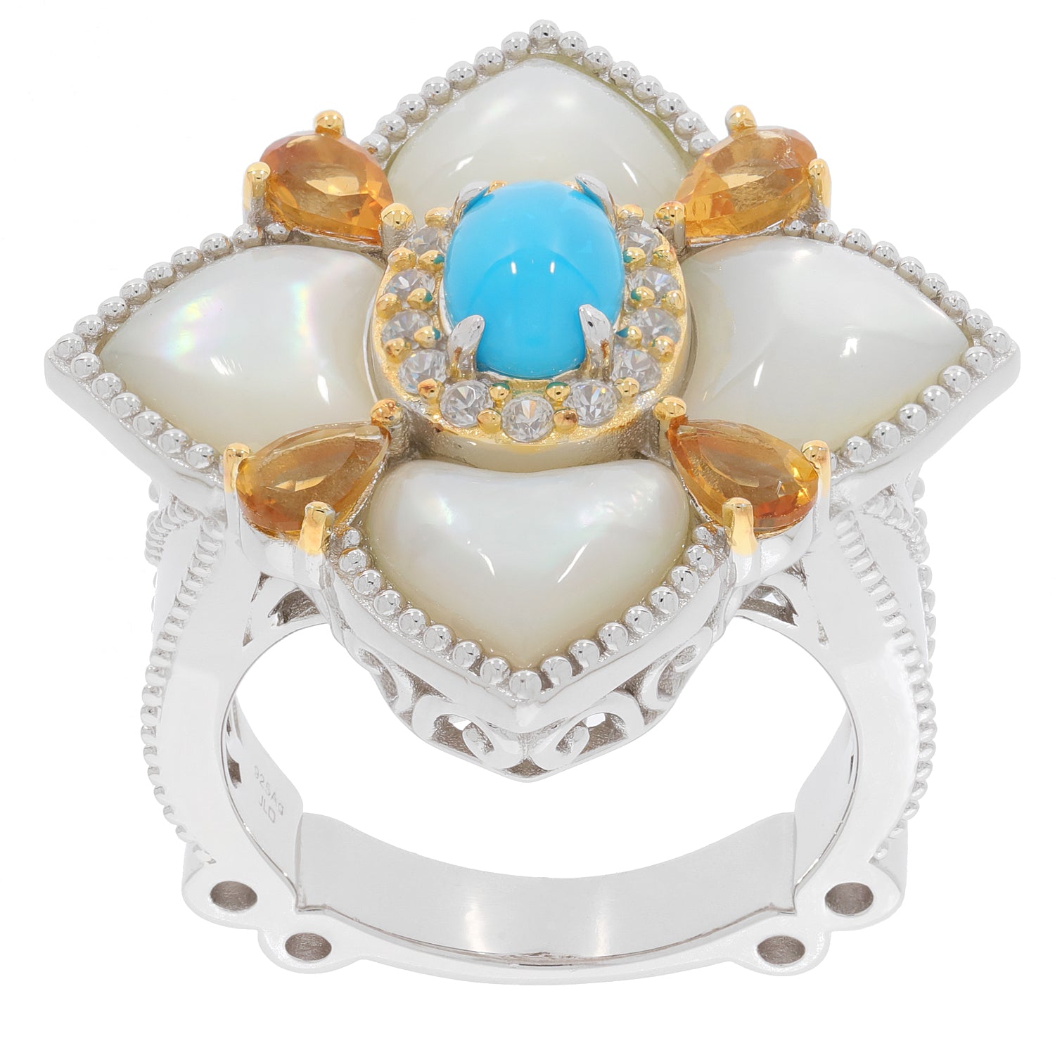 Blue turquoise and gemstone floral ring in sterling silver, featuring radiant white and yellow accents.