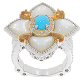 Blue turquoise and gemstone floral ring in sterling silver, featuring radiant white and yellow accents.
