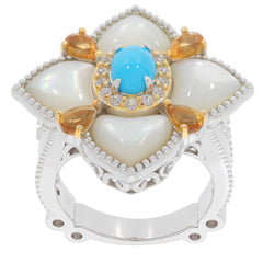 Blue turquoise and gemstone floral ring in sterling silver, featuring radiant white and yellow accents.