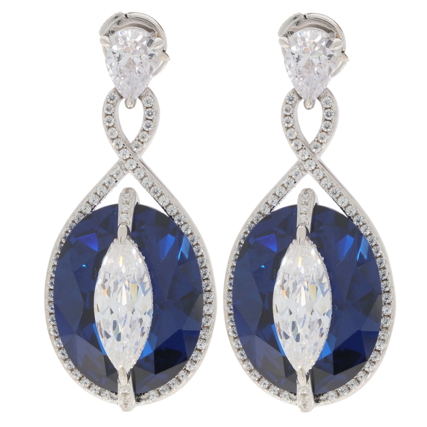 Elegant oval blue sapphire sterling silver earrings with accent diamonds, radiating luxury and sophistication.
