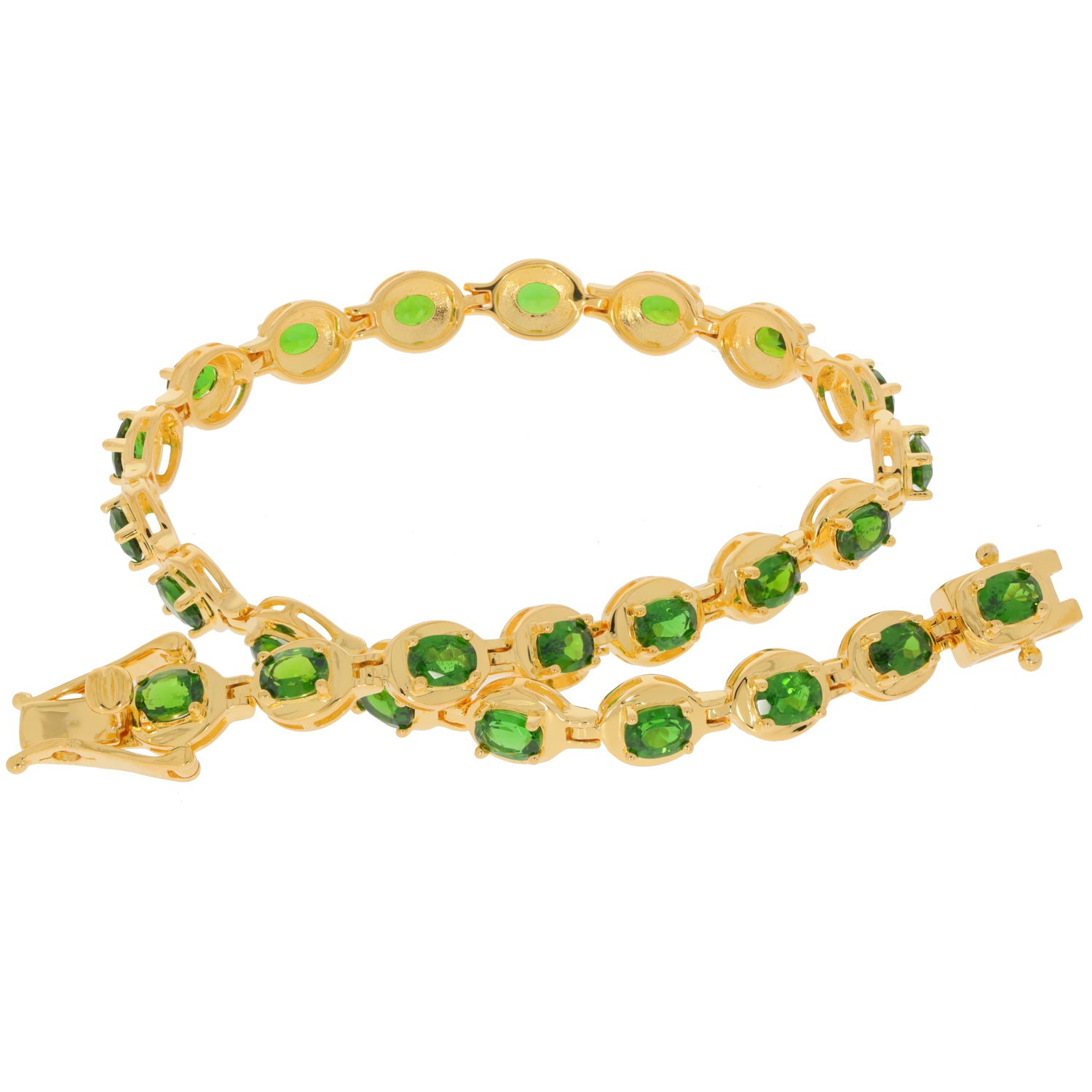 Elegant Oval Green Chrome Diopside and Sterling Silver Bracelet with sparkling accents.
