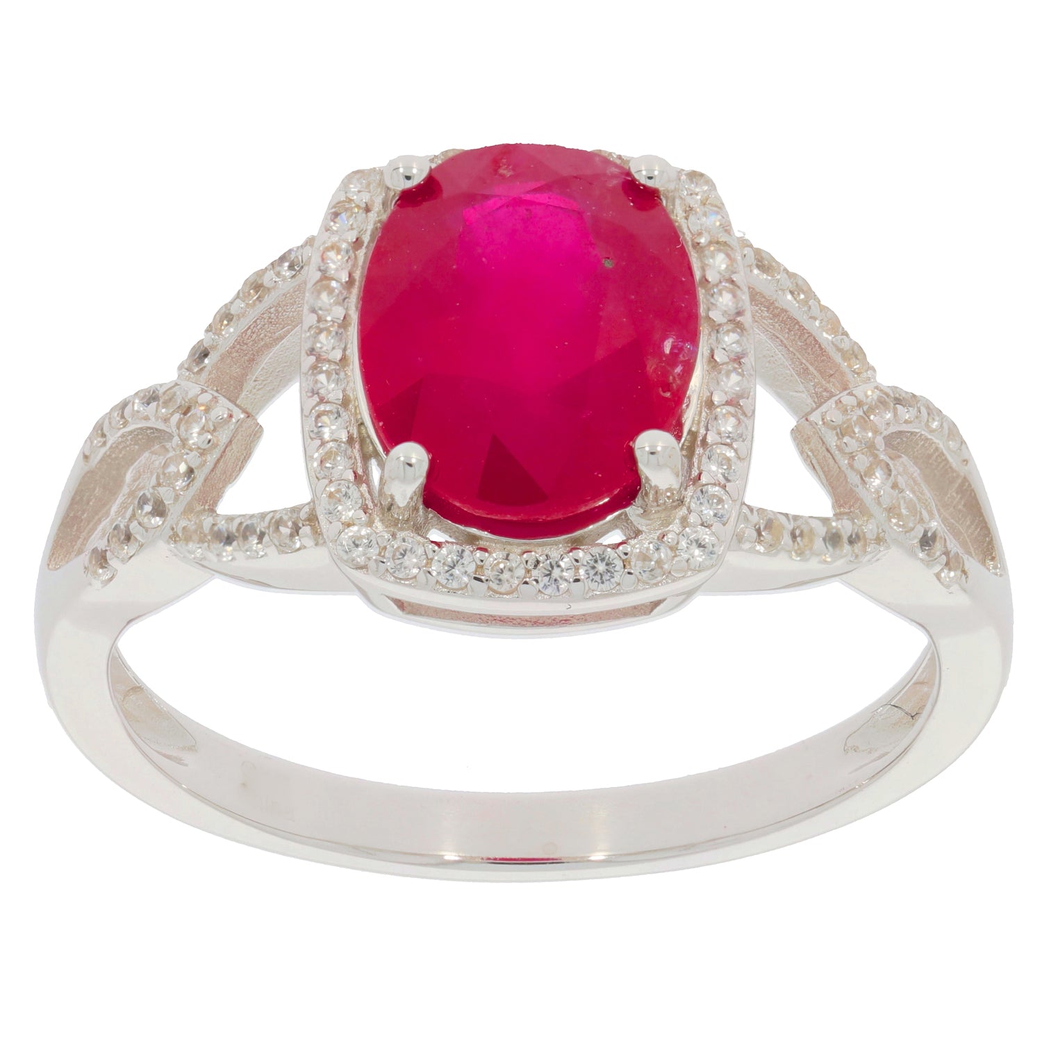 Elegant oval red ruby sterling silver ring with sparkling accents, perfect for a luxurious touch to any outfit.