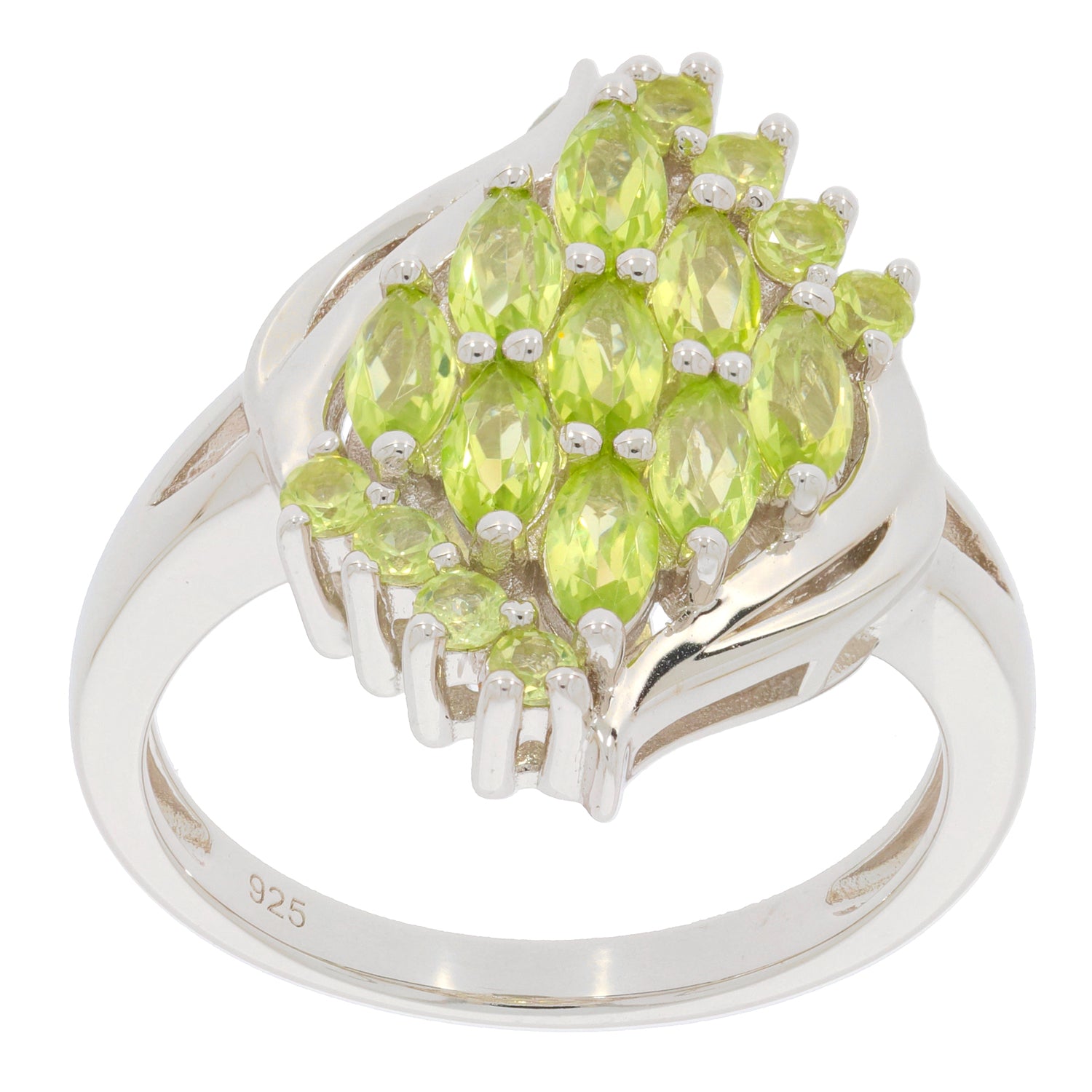 Marquise Green Peridot Sterling Silver Ring showcasing vibrant gemstones in a stunning design, perfect for elegant accessorizing.