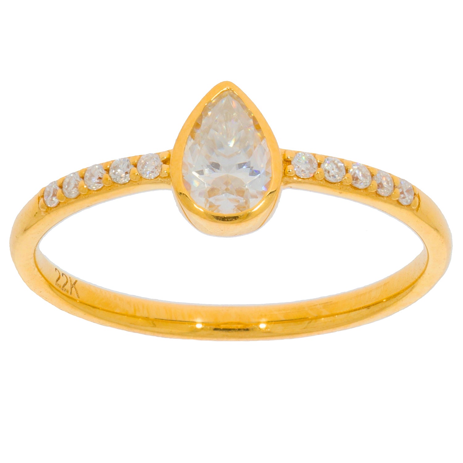 Elegant pear-shaped diamond ring set in 22K gold with sparkling accent stones.