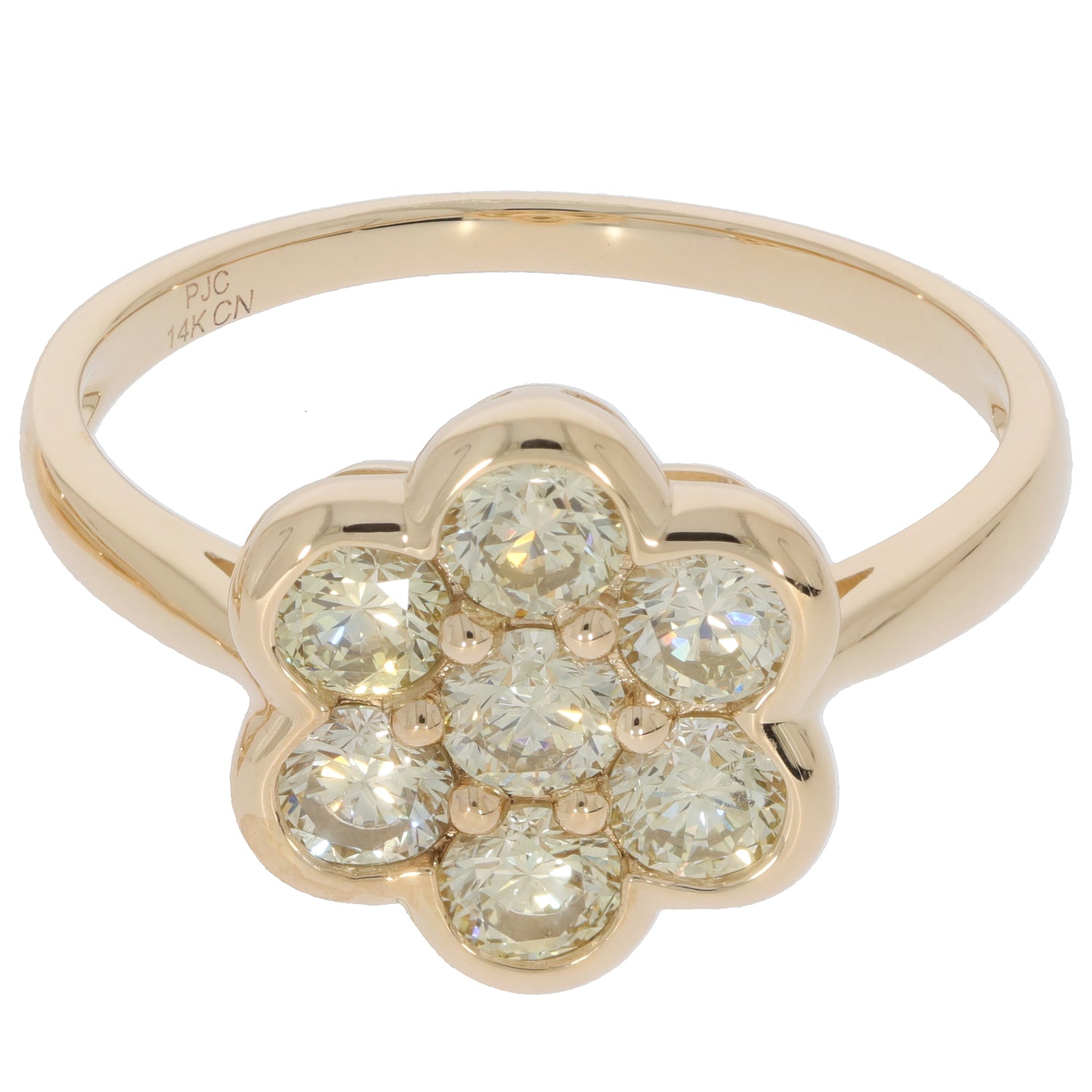 14K yellow gold flower ring with sparkling round gemstones in a floral design, perfect for elegant occasions.