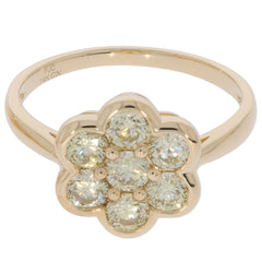 14K yellow gold flower ring with sparkling round gemstones in a floral design, perfect for elegant occasions.