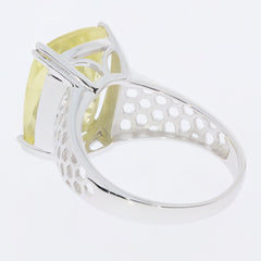 Cushion yellow lemon quartz sterling silver ring with a hexagonal cutout design, showcasing elegance and luxury.