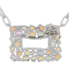 Oval multiple color sapphire sterling silver necklace with intricate design and gemstones.